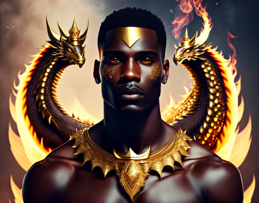 Digital artwork: Man with golden crown and tattoos, flanked by flaming dragons in fiery background
