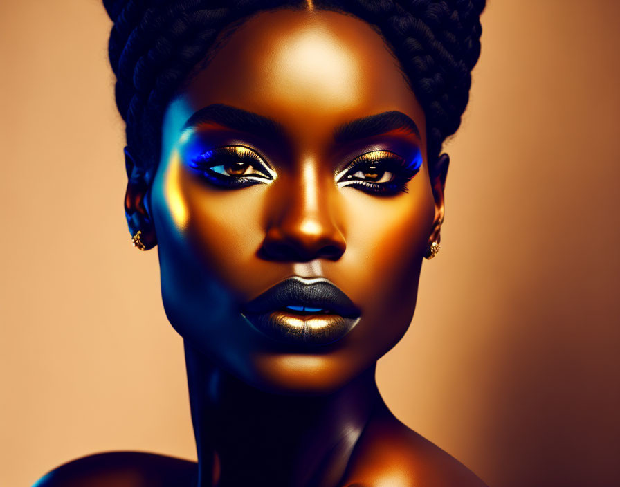 Portrait of woman with dark skin, colorful eyeshadow, braided hair, black lipstick on warm