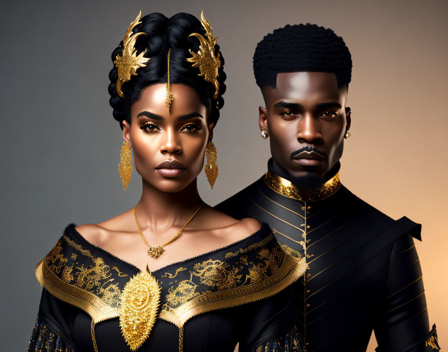 Regal couple in ornate gold-trimmed attire with headdress and high collar