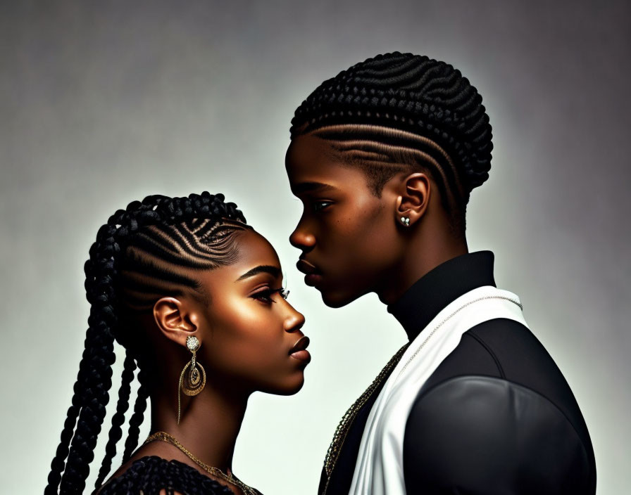 Elaborate Braided Hairstyles on Man and Woman in Close-up