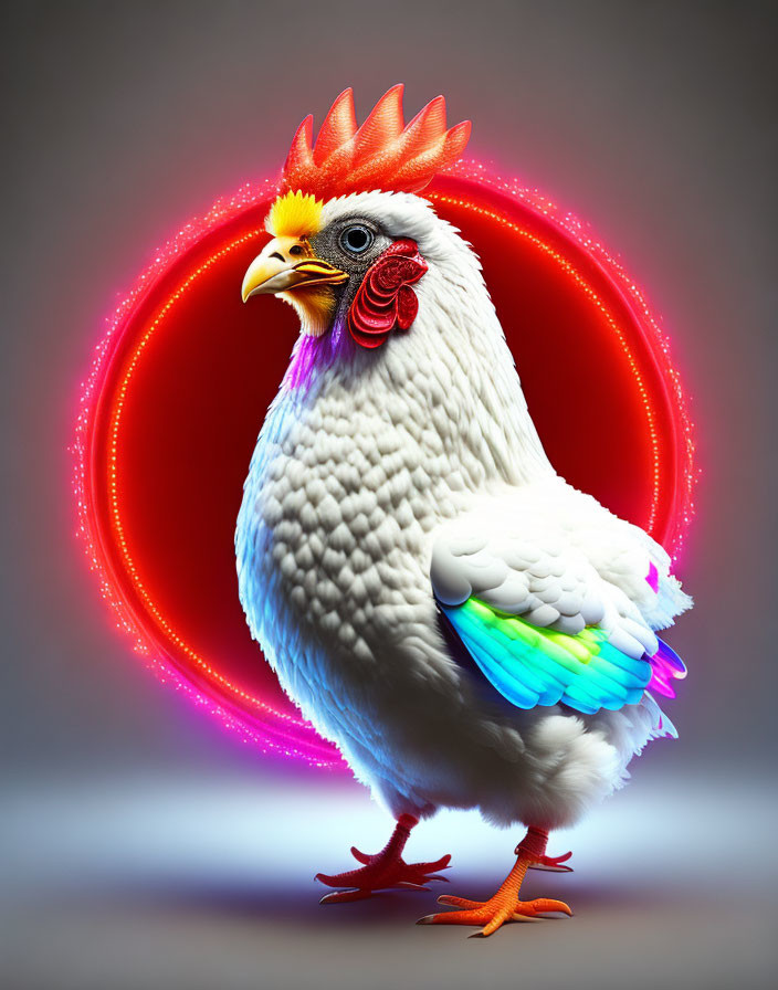 Colorful Stylized Chicken with Red Comb and Halo Background