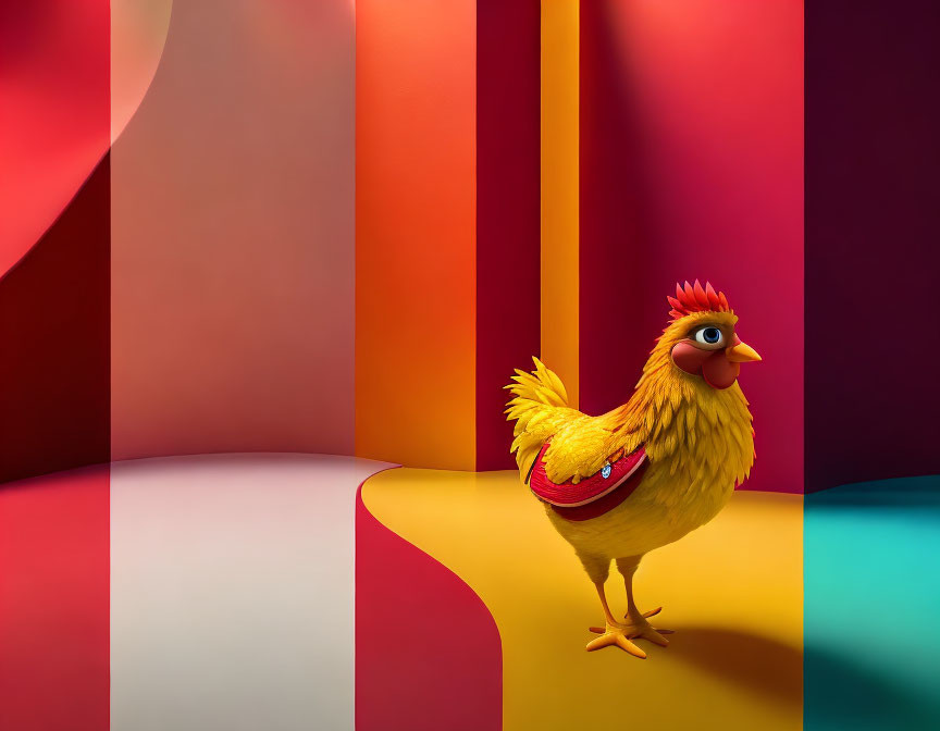 Colorful stylized rooster in surreal room with curvy walls.