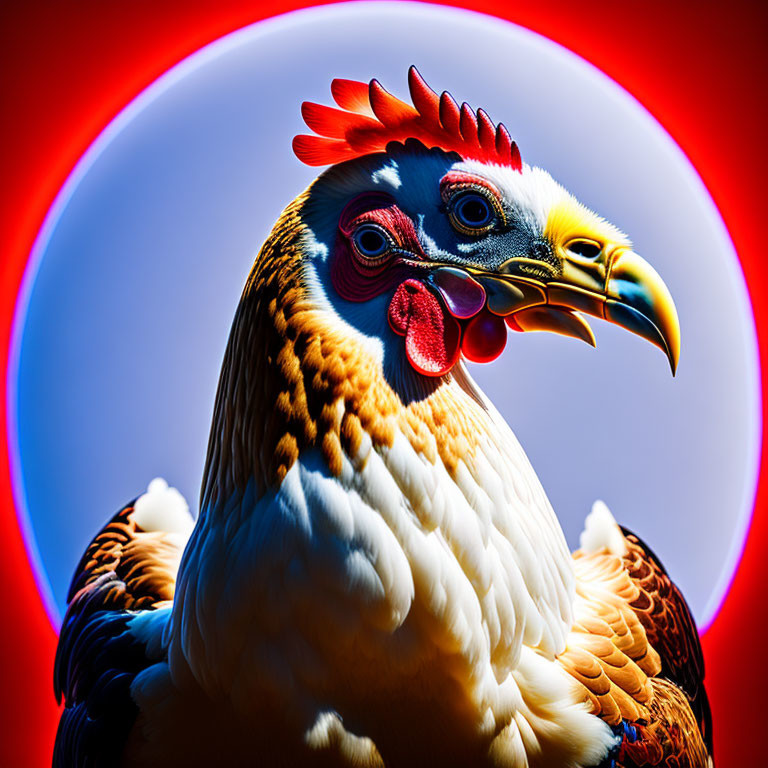 Vibrant Rooster with Red Comb on Blue Background