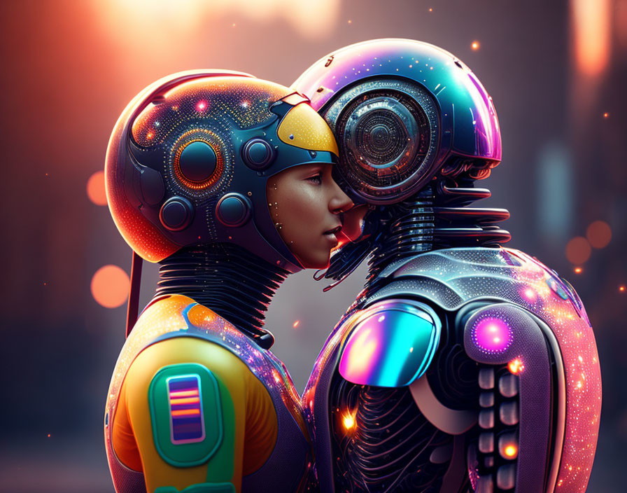 Colorful futuristic robots in close-up pose against bokeh-lit background