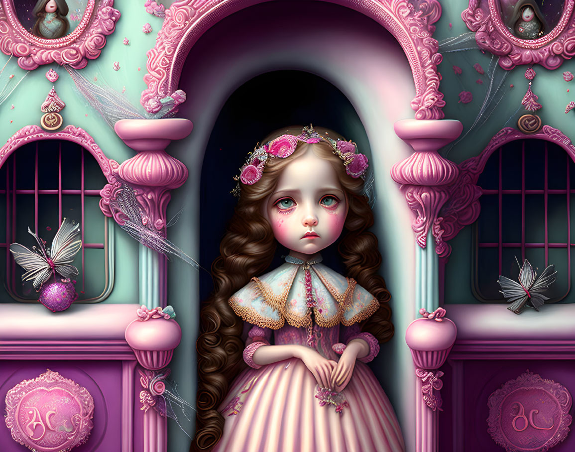 Big-eyed doll-like girl near purple archway with baroque details and butterflies