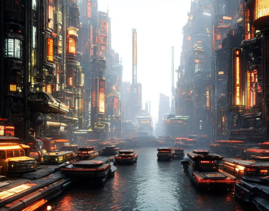 Futuristic cityscape with towering skyscrapers and flying vehicles over waterway