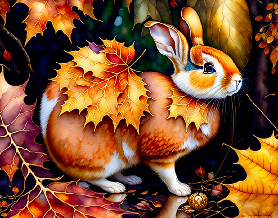 Colorful Autumn Leaves Camouflaging Rabbit