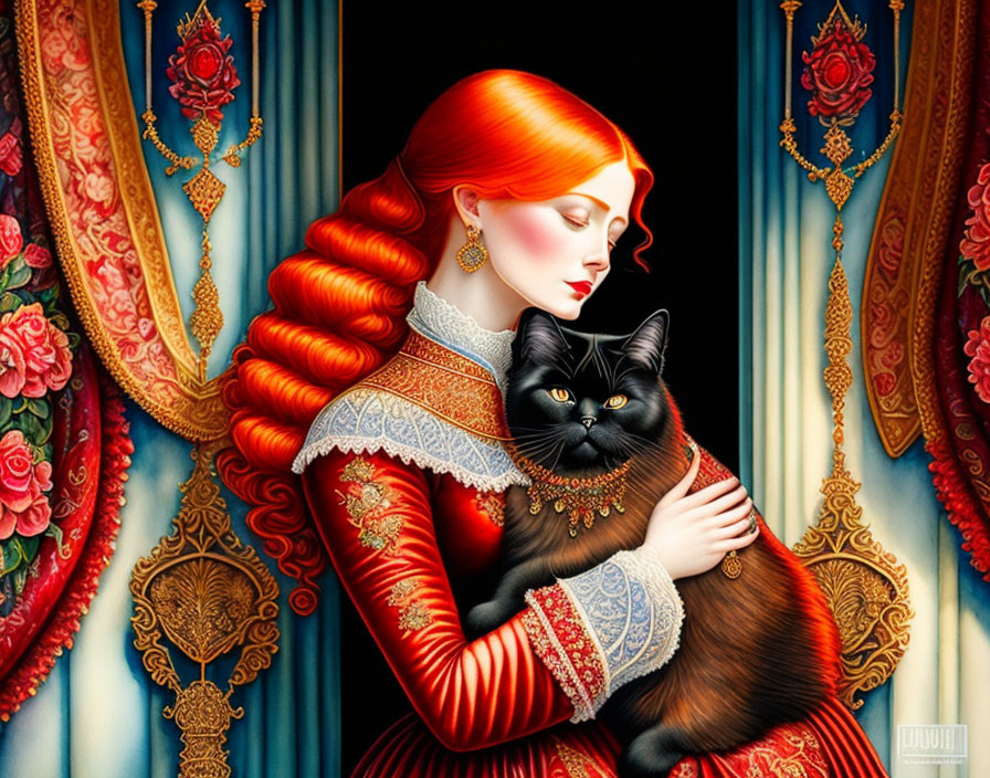 Detailed digital art: Woman with red hair in Elizabethan dress holding black cat among luxurious setting