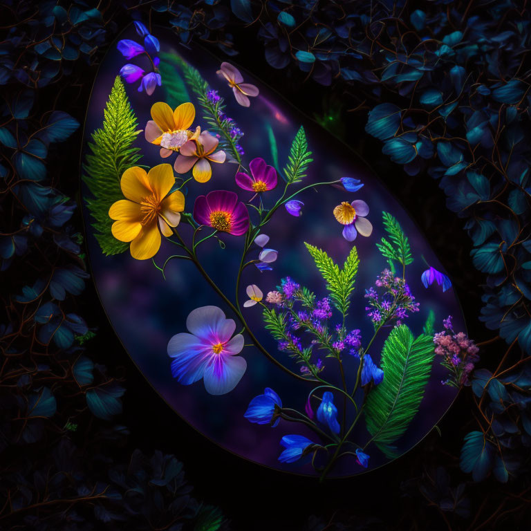 Colorful Oval Canvas with Illuminated Flowers and Dark Leaves