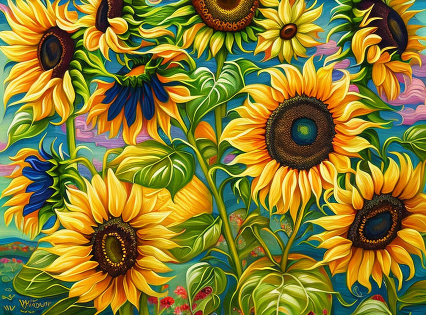 Colorful sunflower painting with yellow petals and green foliage