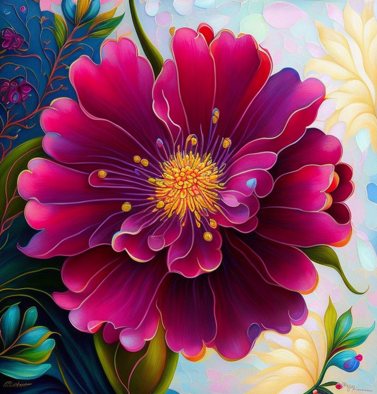 Colorful Painting of Large Deep Pink Flower with Yellow Center