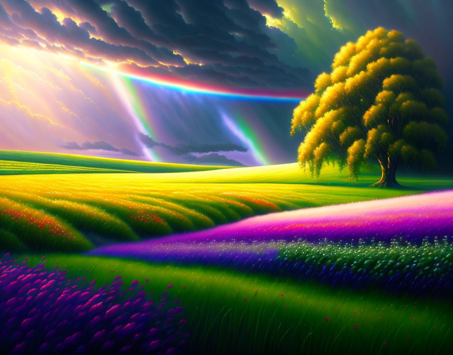 Colorful Landscape with Rainbow and Solitary Tree
