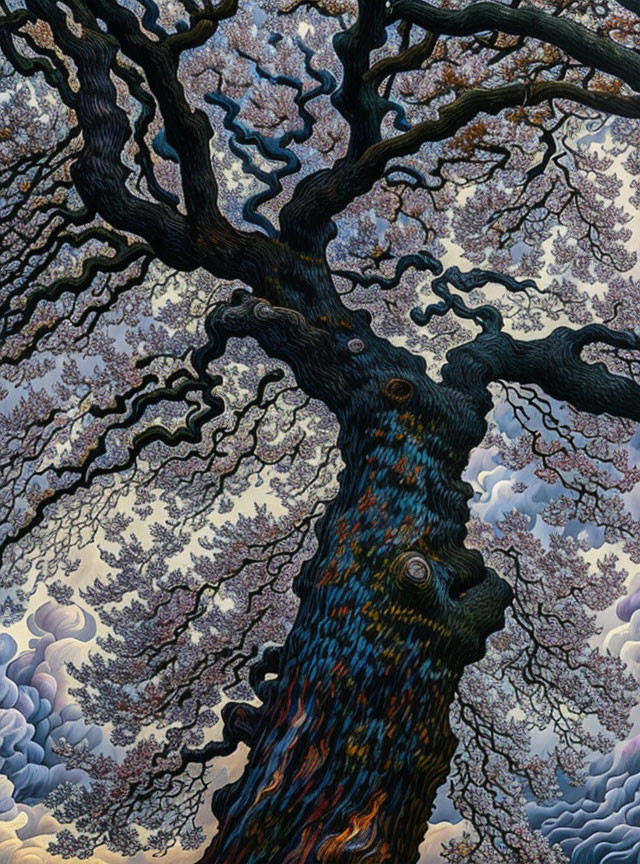 Detailed artwork of gnarled tree against surreal sky pattern
