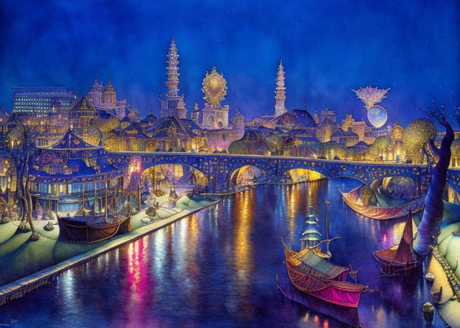 Vibrant fantasy cityscape with ornate buildings, arched bridge, boats, and moon