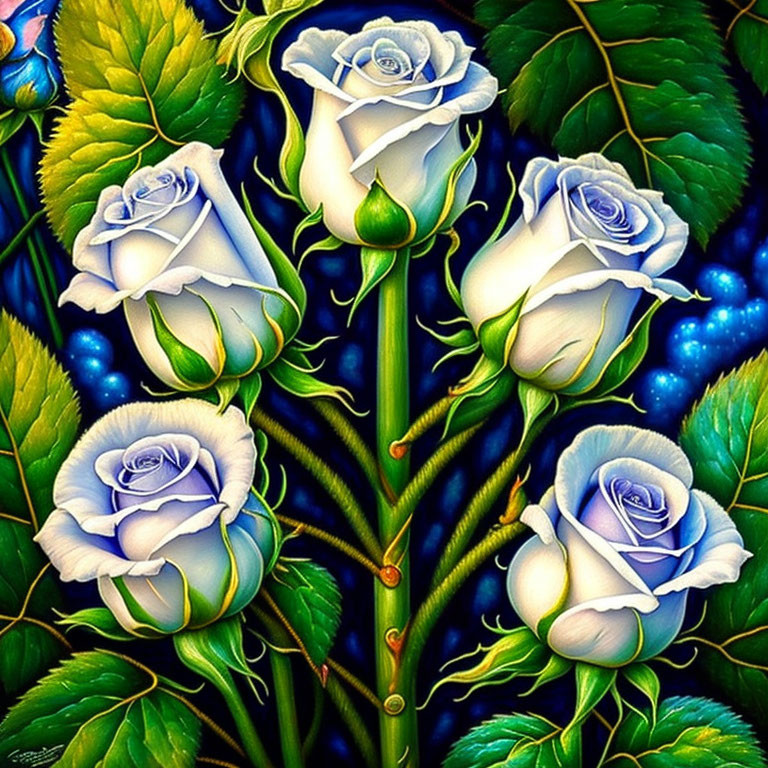 Vibrant blue roses bouquet on dark background with luminous edges