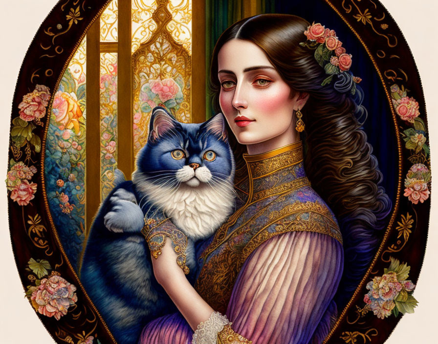 Vintage Attired Woman Holding Blue-Eyed Cat in Ornate Setting