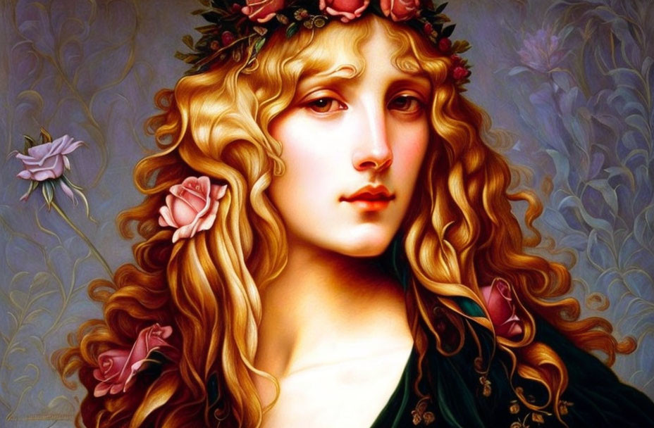Portrait of Woman with Long Blonde Hair in Green Dress and Flower Crown