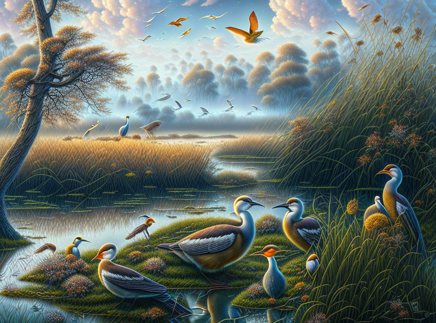 Tranquil lakeside scene with birds, tall grasses, and twilight sky