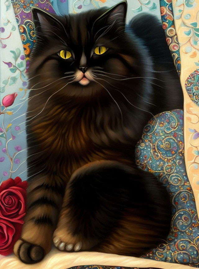 Long-Haired Cat with Yellow Eyes on Floral Fabric Backdrop