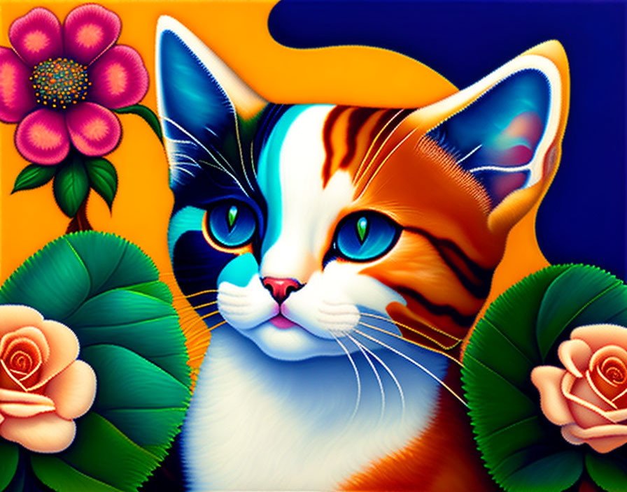 Colorful Digital Artwork: Cat with Blue Eyes and Flowers on Blue-Orange Background