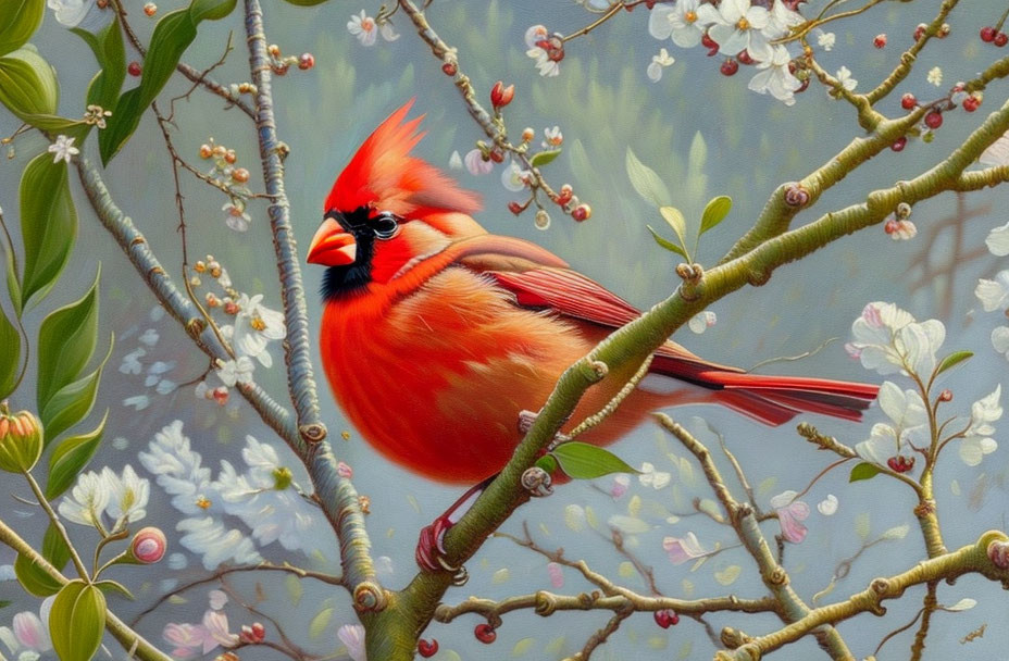 Red cardinal bird on blossoming branch with white flowers