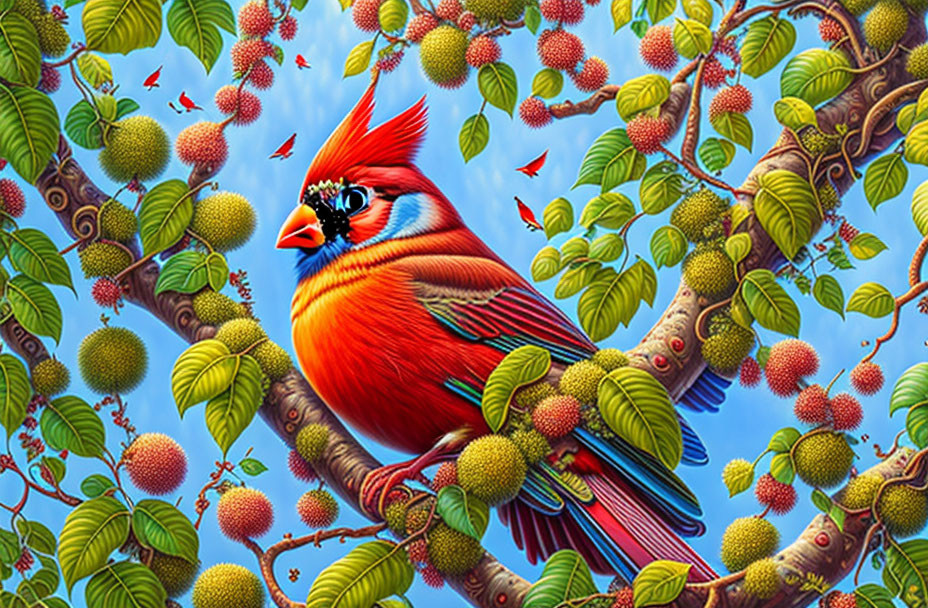 Colorful cardinal on branch with green leaves and red berries in blue sky