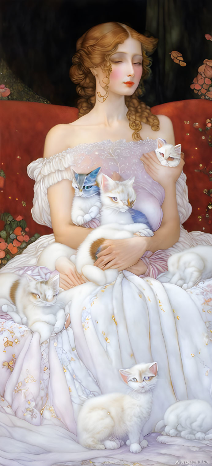 Woman in white dress with five cats in serene setting.