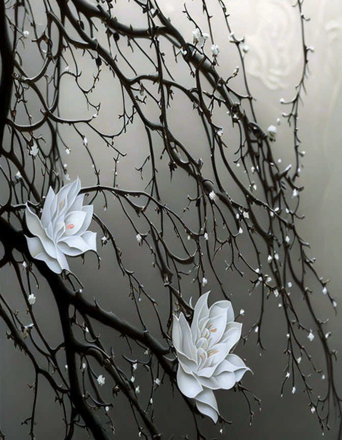 Delicate white flowers and buds on intertwining branches against soft grey background