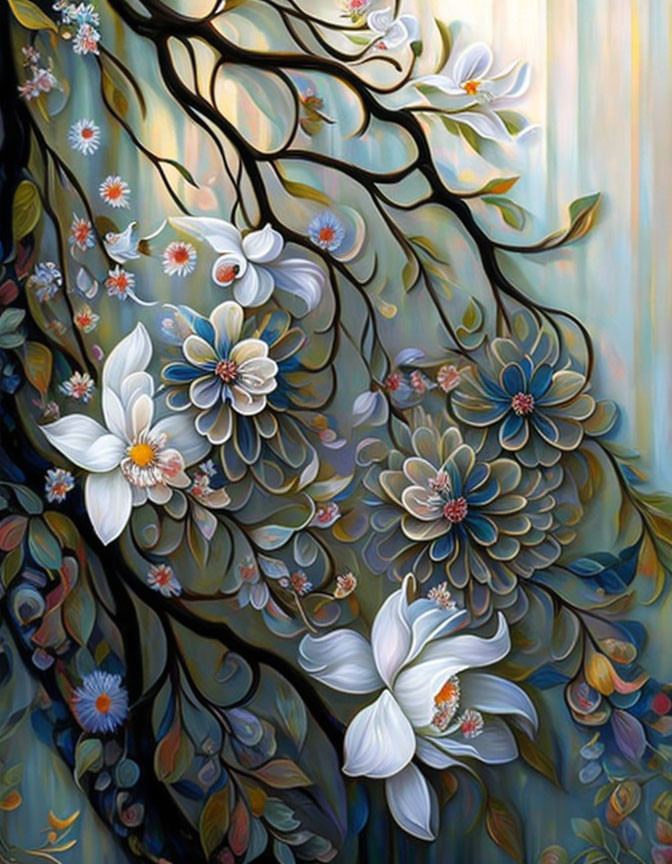 Lush Tree Painting with Blooming White and Blue Flowers