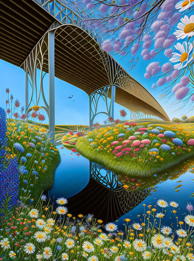 Colorful surreal artwork: Bridge with floral underside reflected in water, lush landscape, clear sky.