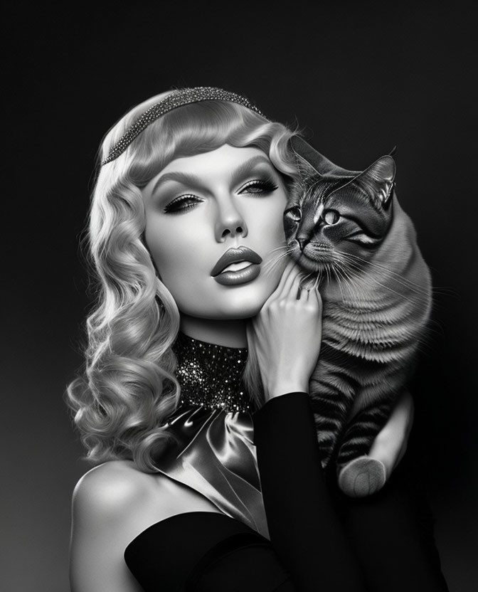Monochrome image of stylish woman with wavy hair holding tabby cat