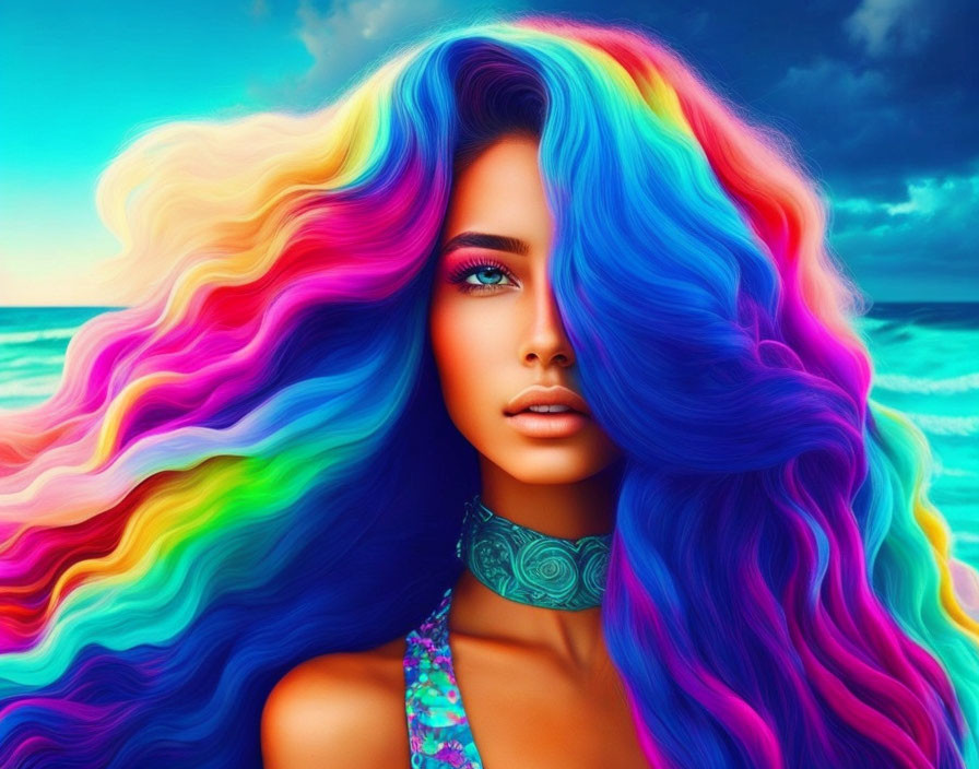 Vibrant rainbow hair woman portrait against ocean backdrop