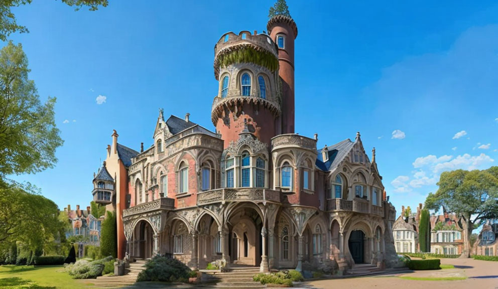 Victorian-era mansion with tower and decorative stonework amid lush trees