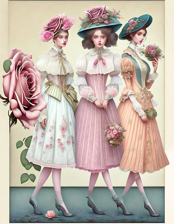 Vintage Dresses Adorned with Roses: Elegant Women Illustration