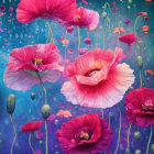 Pink and Gold Flowers on Blue Background with Flourishes and Petals