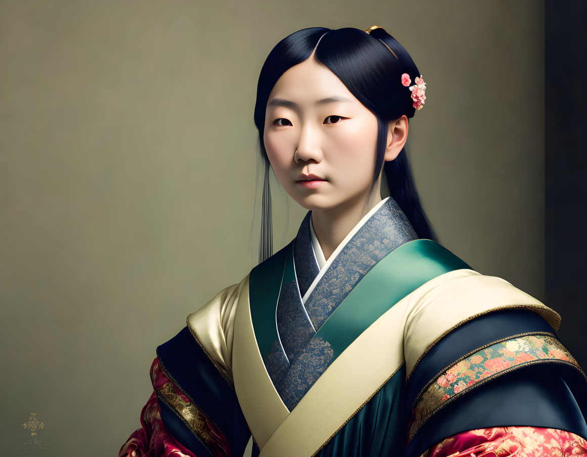 Traditional East Asian attire portrait of a serene woman with floral hair adornments
