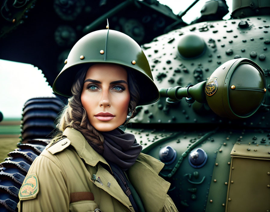 Female Soldier in Green Military Uniform Poses by Tank