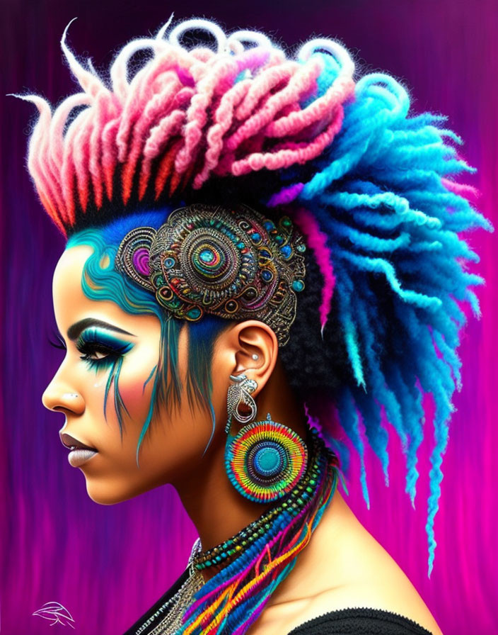 Colorful Dreadlocks Woman Artwork with Vibrant Makeup and Beaded Earrings