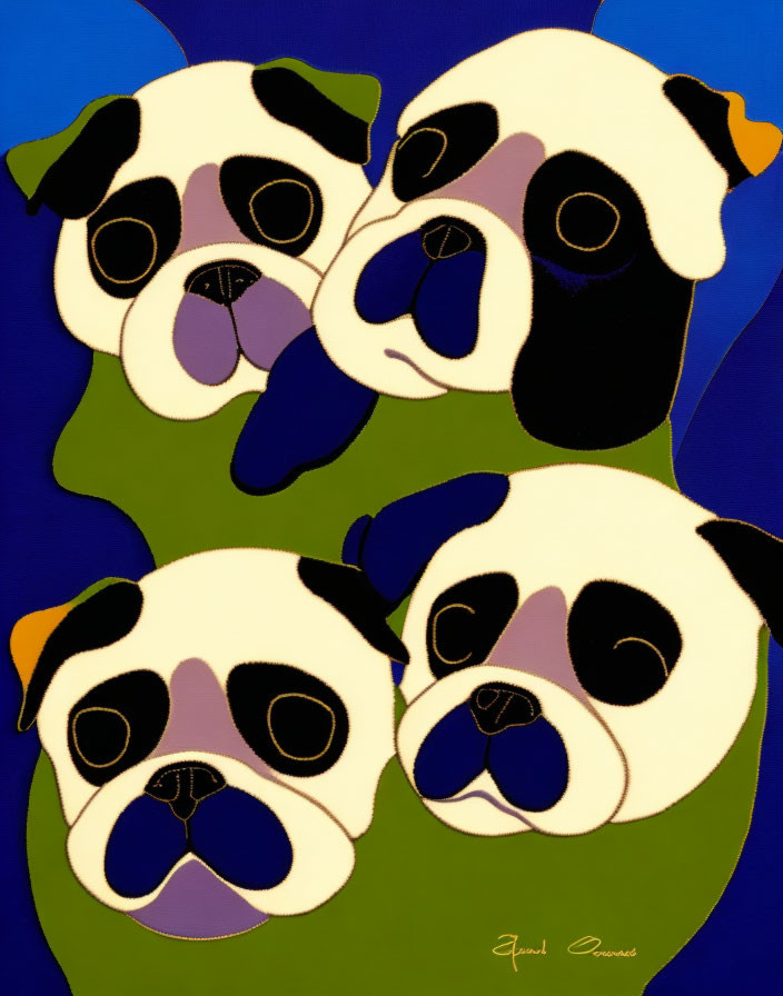 Stylized cartoon pug faces with sad expressions on blue background