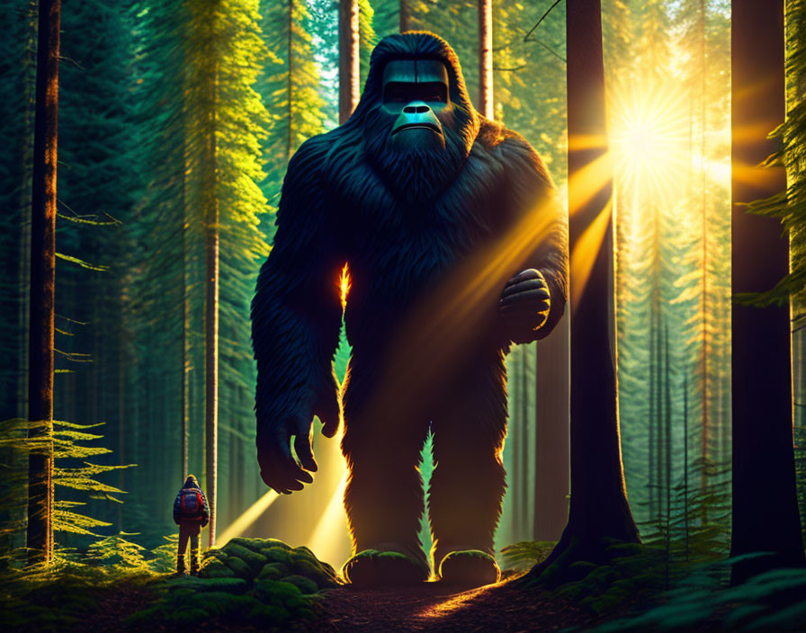 Animated Gorilla Confronts Human in Sunlit Forest