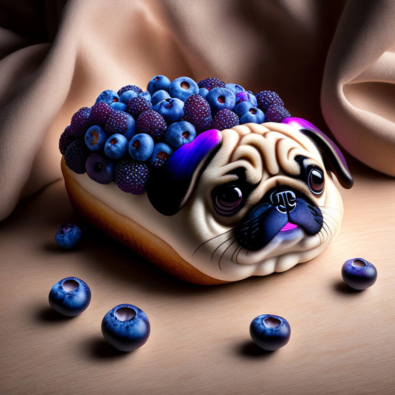 Realistic pug head pastry with glossy blueberries on beige backdrop