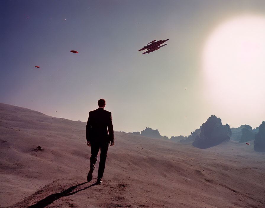 Person in suit on alien landscape with sun, rocks, and flying ships