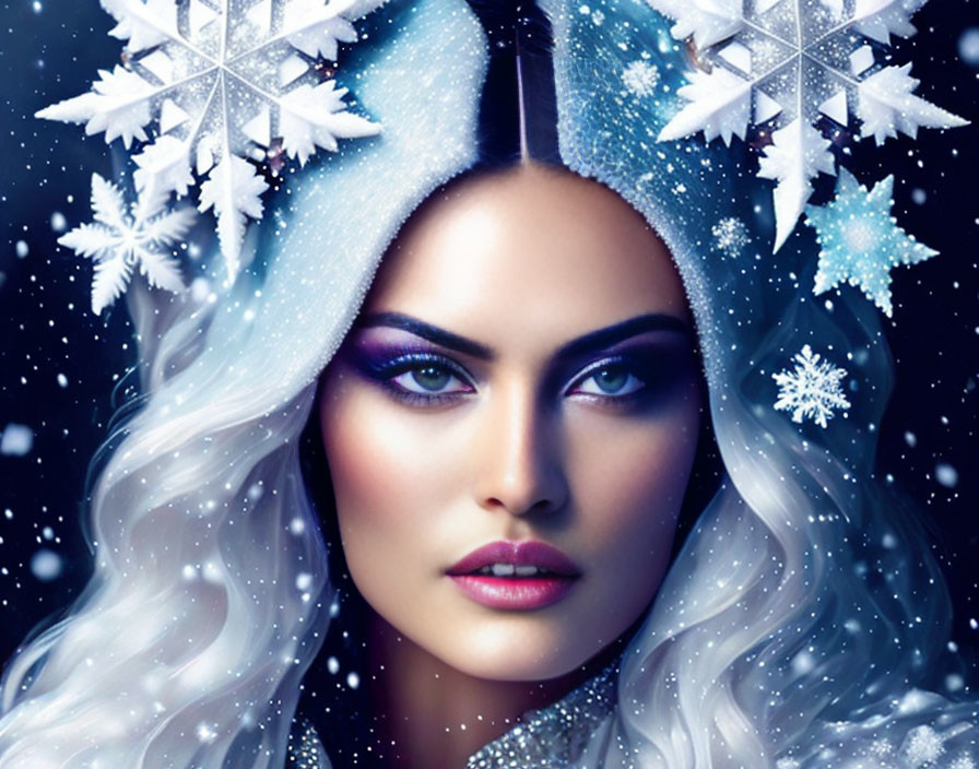Portrait of a woman with white wavy hair and winter-themed makeup.