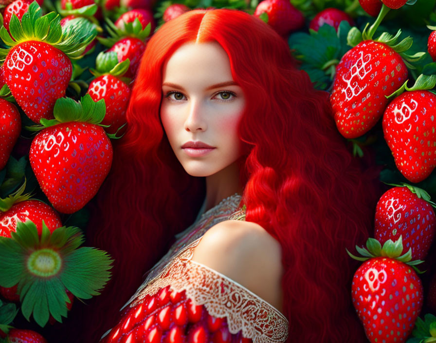 Red-haired woman blending with ripe strawberries on green background