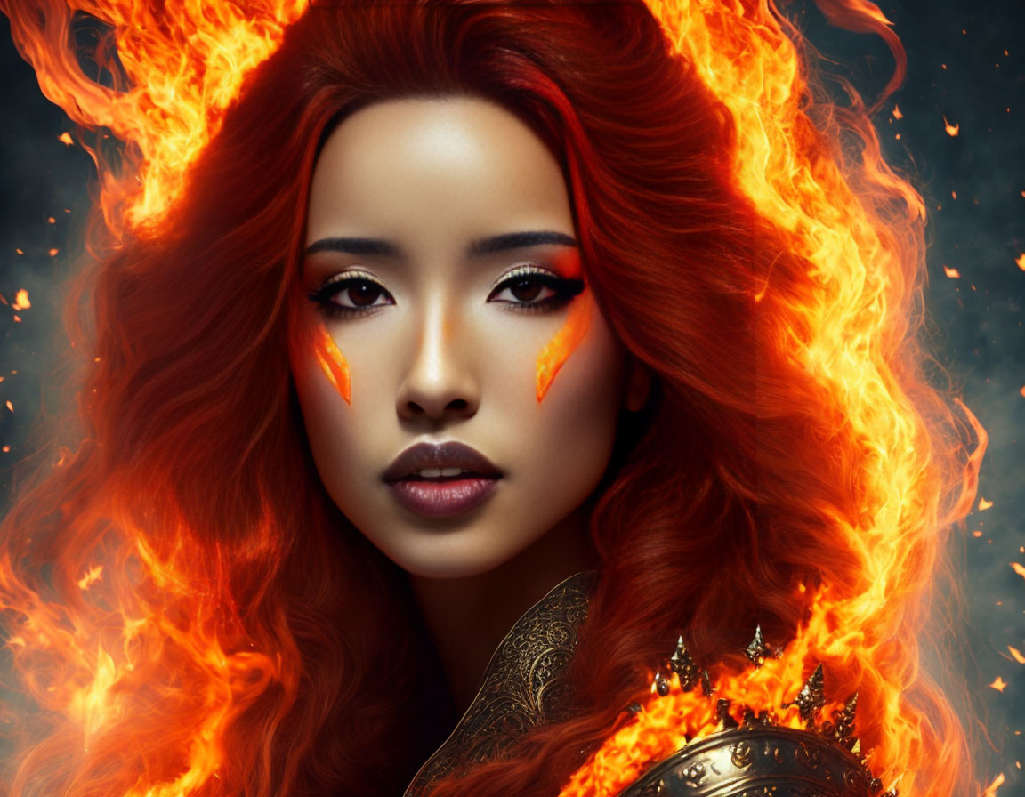 Fiery red-haired woman with flames and mystical aura wearing orange makeup