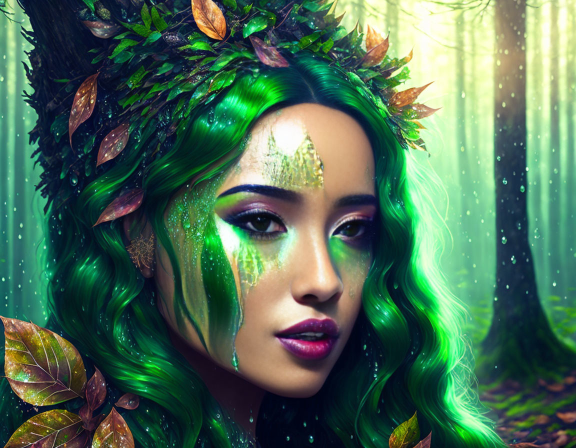 Green-haired woman with leafy adornments in forest nymph makeup against woodland backdrop