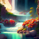 Digital Art: Waterfall cascading into serene pools amidst lush foliage, vibrant fruits.