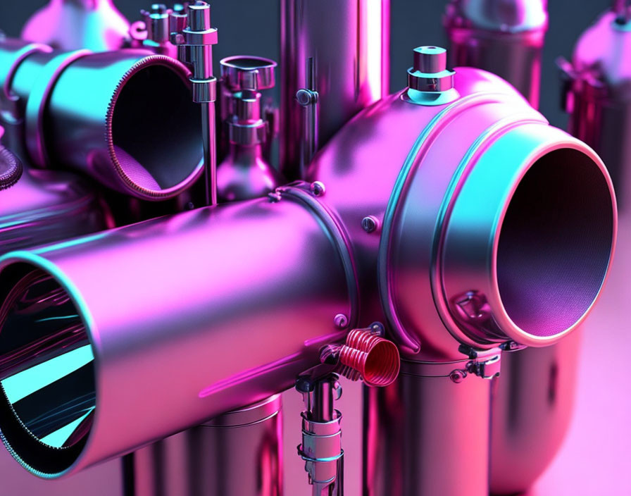 Shiny metallic pink pipes with valves and attachments on purple background
