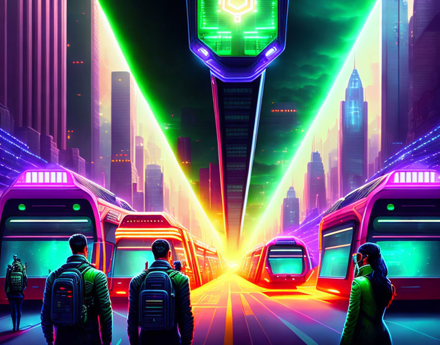 Vibrant futuristic cityscape with neon lights, skyscrapers, and advanced trains.