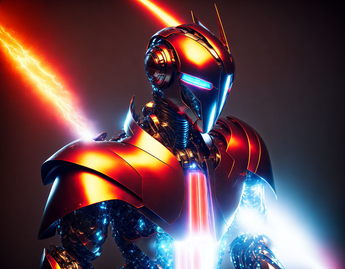 Futuristic robot in red and black armor with glowing blue eyes and lightning bolts against dark backdrop